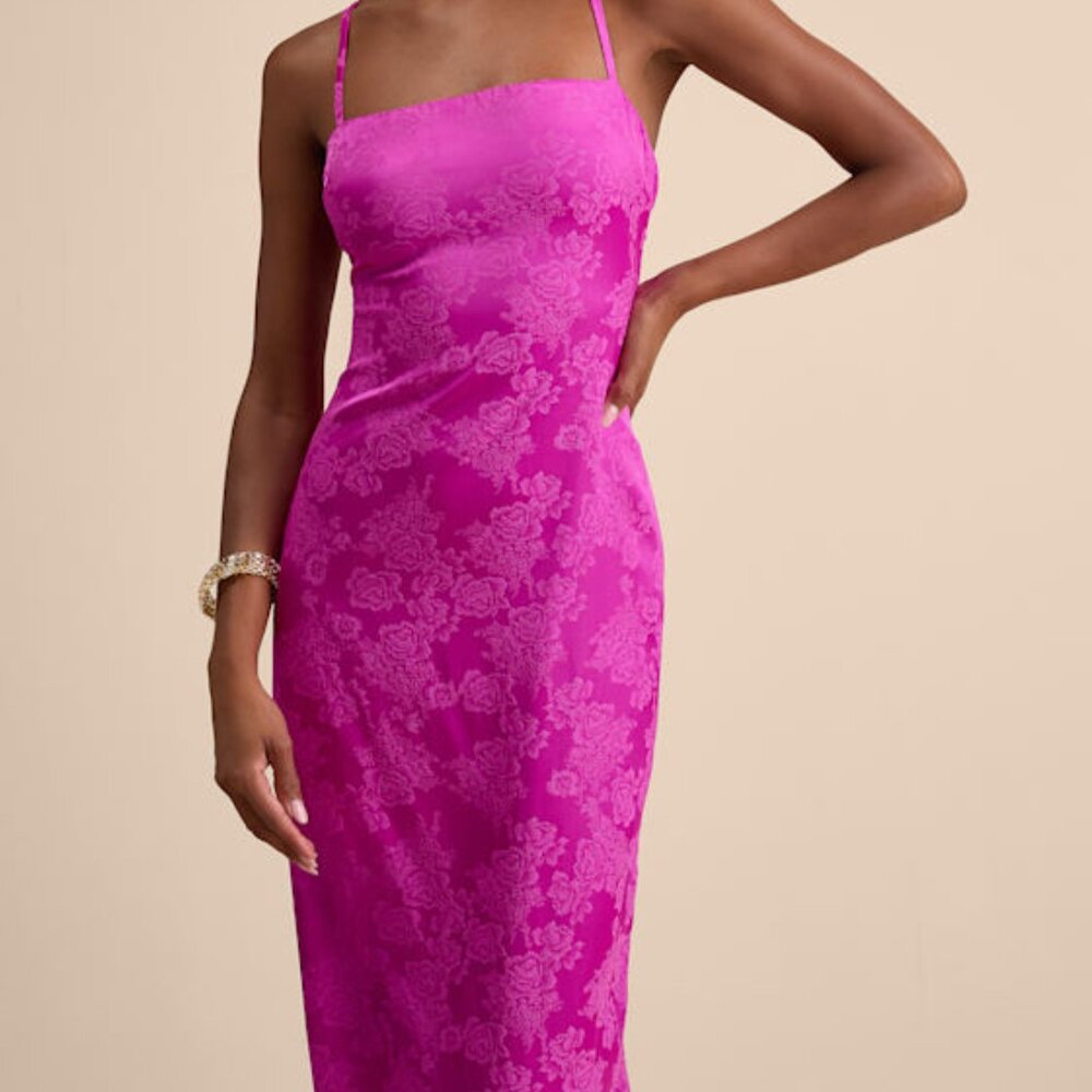 Lulus Merrion Magenta Satin Lace-up Maxi Dress Pink - Size M
